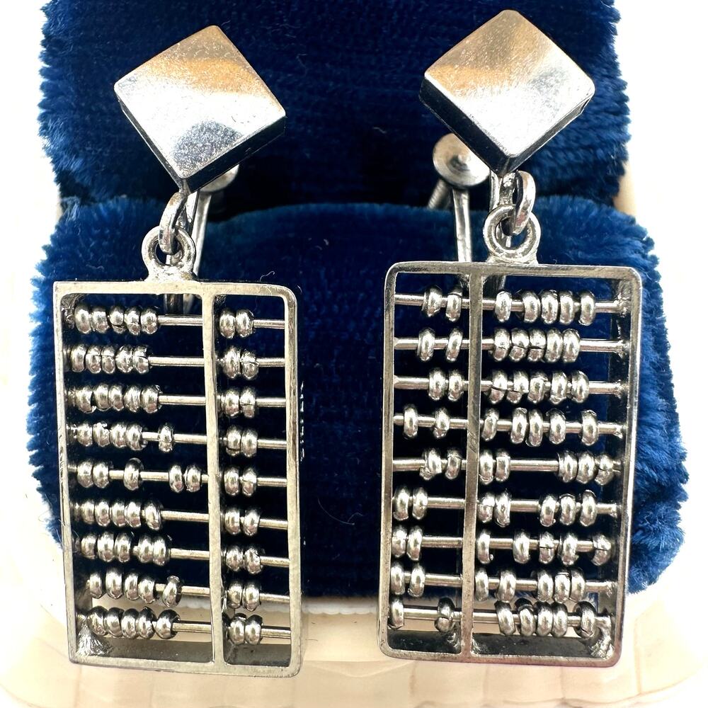 Vintage sterling silver articulated working abacus dangle screw back earrings